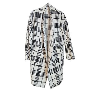 Storia Black White Plaid Open Front Longline Tweed Jacket Coatigan Size Medium